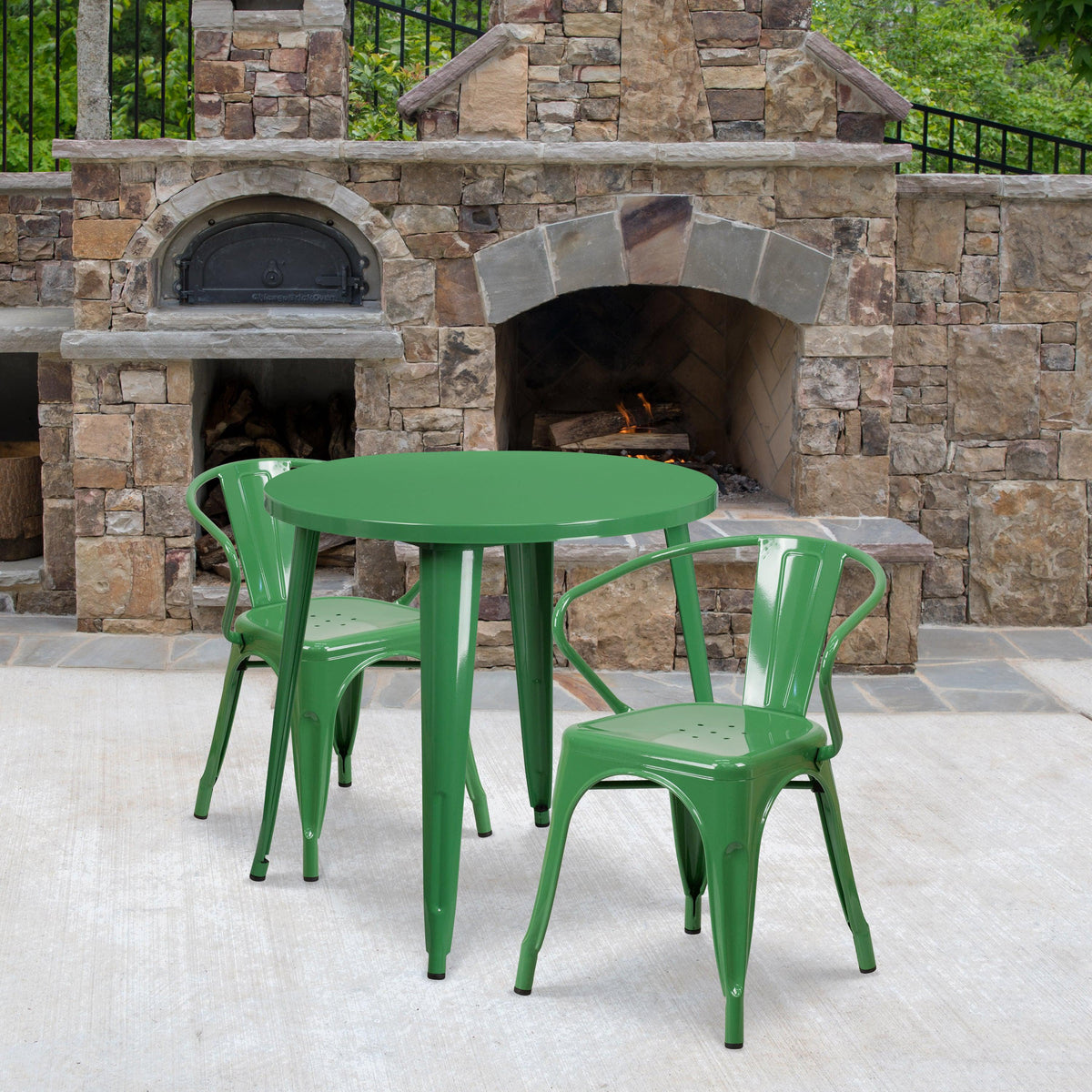 Green |#| 30inch Round Green Metal Indoor-Outdoor Table Set with 2 Arm Chairs