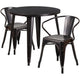 Black-Antique Gold |#| 30inch Round Black-Antique Gold Metal Indoor-Outdoor Table Set with 2 Arm Chairs