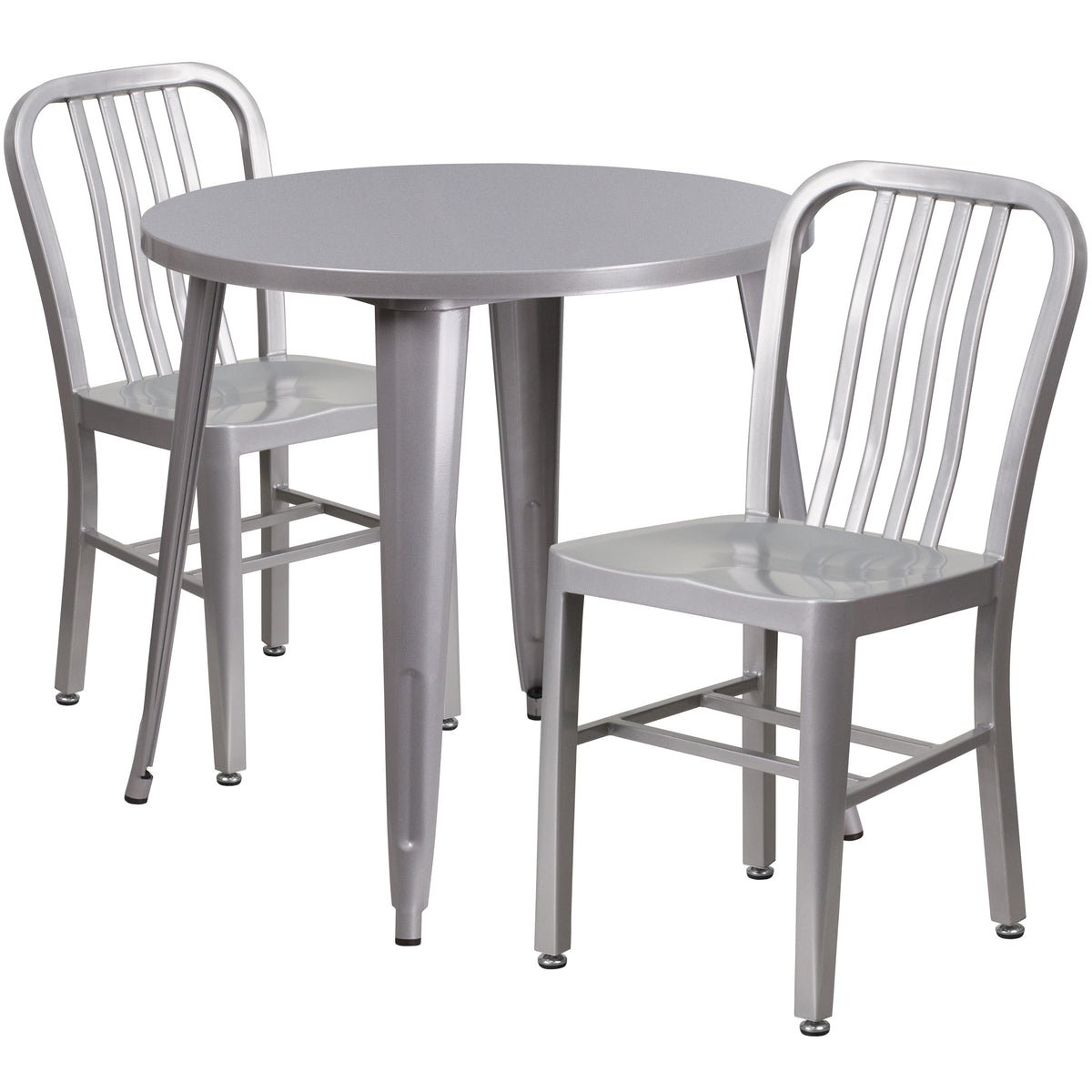 Silver |#| 30inch Round Silver Metal Indoor-Outdoor Table Set with 2 Vertical Slat Back Chairs