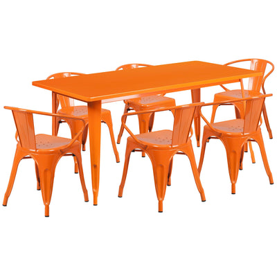 Commercial Grade 31.5" x 63" Rectangular Metal Indoor-Outdoor Table Set with 6 Arm Chairs - View 1