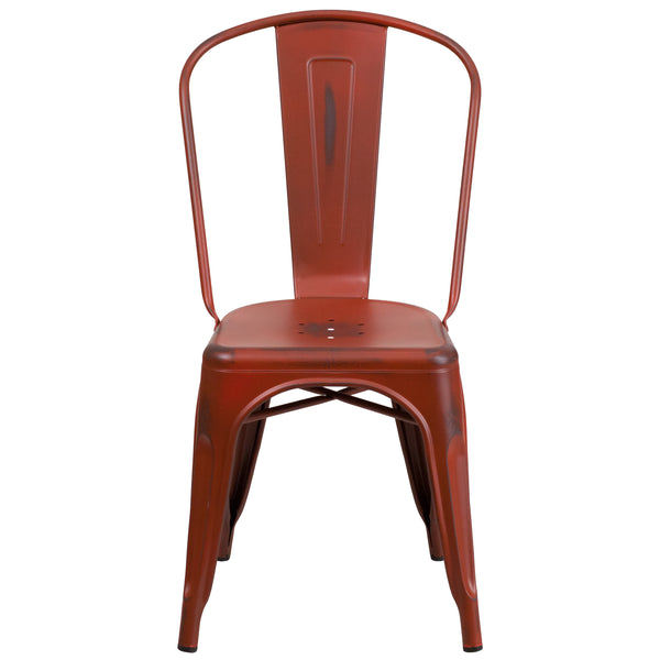 Kelly Red |#| Distressed Kelly Red Metal Indoor-Outdoor Stackable Chair - Kitchen Furniture