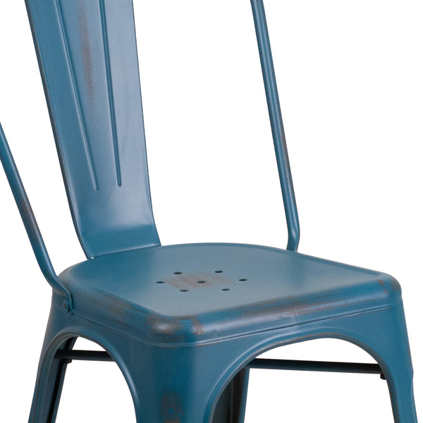 Antique Blue |#| Distressed Antique Blue Metal Indoor-Outdoor Stackable Chair - Kitchen Furniture