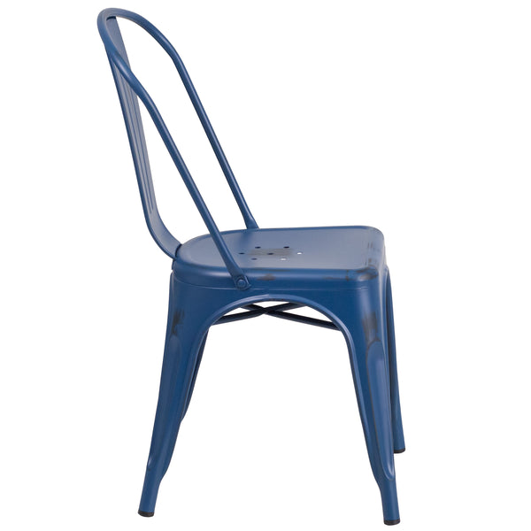 Antique Blue |#| Distressed Antique Blue Metal Indoor-Outdoor Stackable Chair - Kitchen Furniture