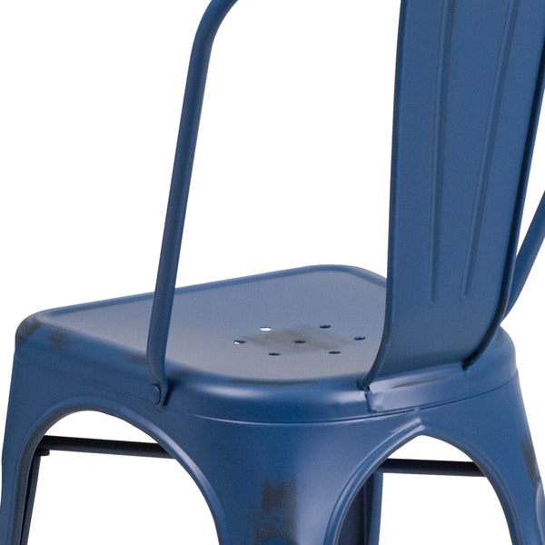 Antique Blue |#| Distressed Antique Blue Metal Indoor-Outdoor Stackable Chair - Kitchen Furniture