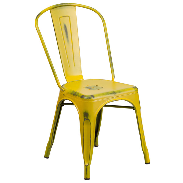 Yellow |#| Distressed Yellow Metal Indoor-Outdoor Stackable Chair - Kitchen Furniture