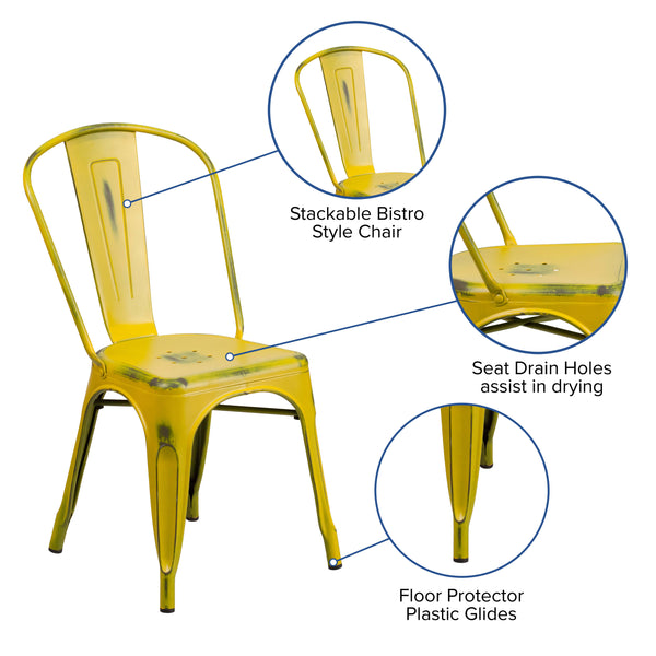 Yellow |#| Distressed Yellow Metal Indoor-Outdoor Stackable Chair - Kitchen Furniture