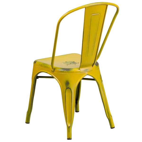 Yellow |#| Distressed Yellow Metal Indoor-Outdoor Stackable Chair - Kitchen Furniture