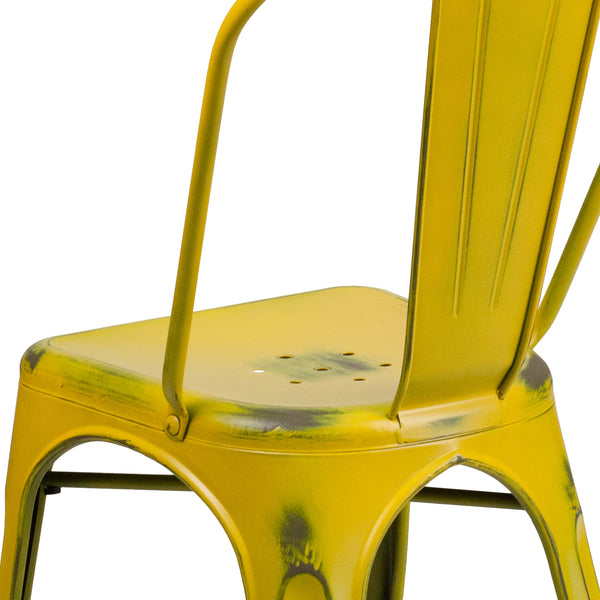 Yellow |#| Distressed Yellow Metal Indoor-Outdoor Stackable Chair - Kitchen Furniture