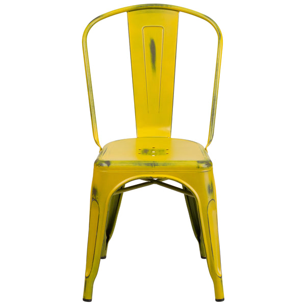 Yellow |#| Distressed Yellow Metal Indoor-Outdoor Stackable Chair - Kitchen Furniture