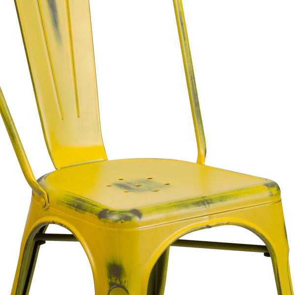 Yellow |#| Distressed Yellow Metal Indoor-Outdoor Stackable Chair - Kitchen Furniture