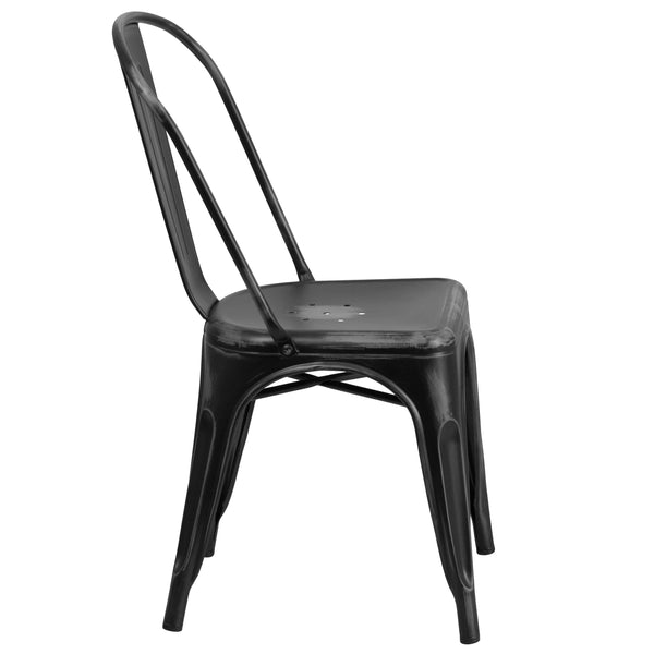 Black |#| Distressed Black Metal Indoor-Outdoor Stackable Chair - Kitchen Furniture