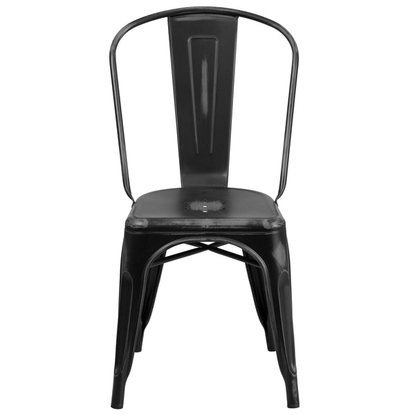 Black |#| Distressed Black Metal Indoor-Outdoor Stackable Chair - Kitchen Furniture