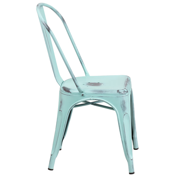 Green-Blue |#| Distressed Green-Blue Metal Indoor-Outdoor Stackable Chair - Kitchen Furniture