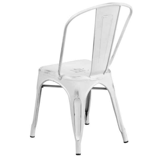 White |#| Distressed White Metal Indoor-Outdoor Stackable Chair - Kitchen Furniture