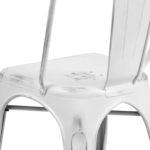 White |#| Distressed White Metal Indoor-Outdoor Stackable Chair - Kitchen Furniture