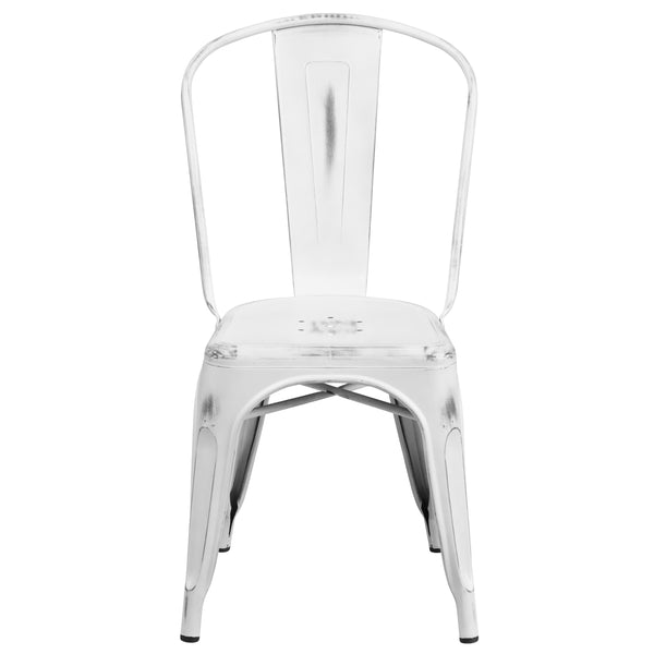 White |#| Distressed White Metal Indoor-Outdoor Stackable Chair - Kitchen Furniture