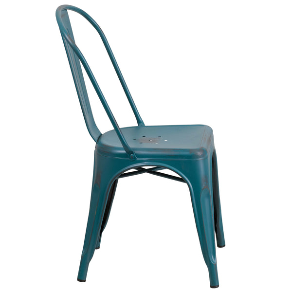 Kelly Blue-Teal |#| Distressed Blue-Teal Metal Indoor-Outdoor Stackable Chair - Kitchen Furniture