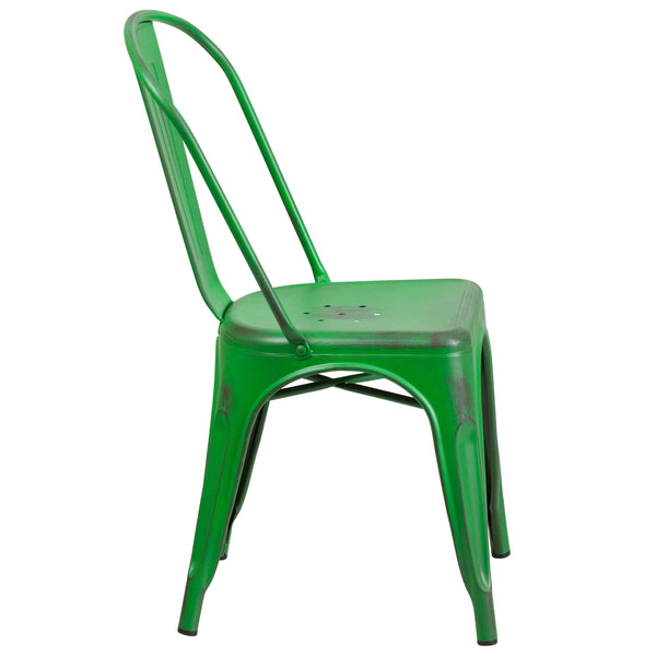 Green |#| Distressed Green Metal Indoor-Outdoor Stackable Chair - Kitchen Furniture