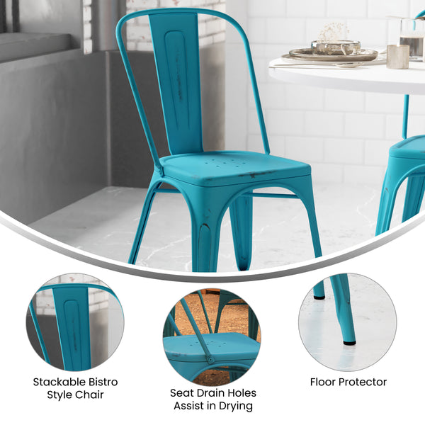 Blue |#| Distressed Blue Metal Indoor-Outdoor Stackable Chair - Kitchen Furniture