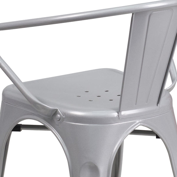 Silver |#| Silver Metal Indoor-Outdoor Chair with Arms - Restaurant Furniture