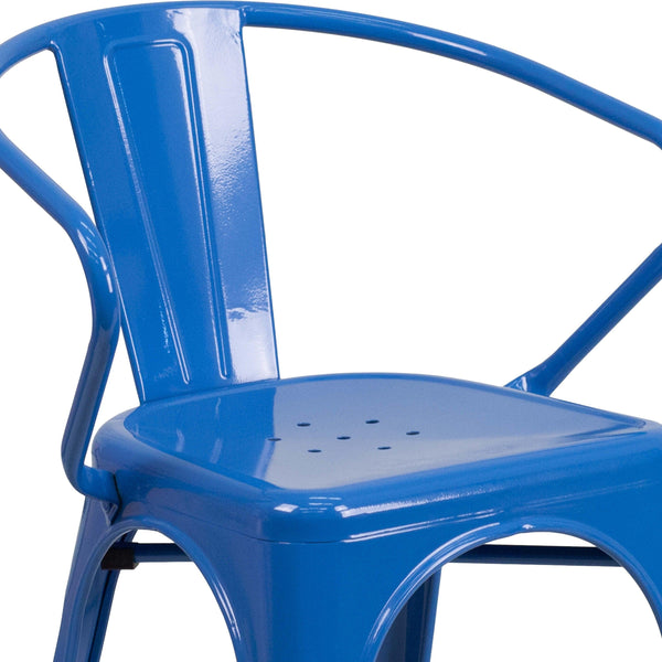 Blue |#| Blue Metal Indoor-Outdoor Chair with Arms - Restaurant Chair - Bistro Chair