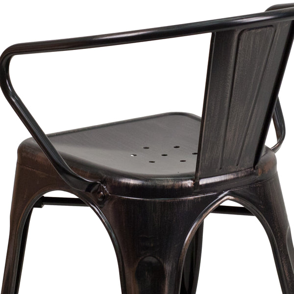 Black-Antique Gold |#| Black-Antique Gold Stackable Metal Indoor-Outdoor Chair with Arms - Bistro Chair