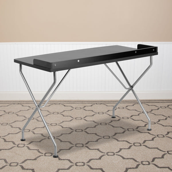 Black |#| Black Computer Desk with Raised Border and Silver Metal Frame - Home Office