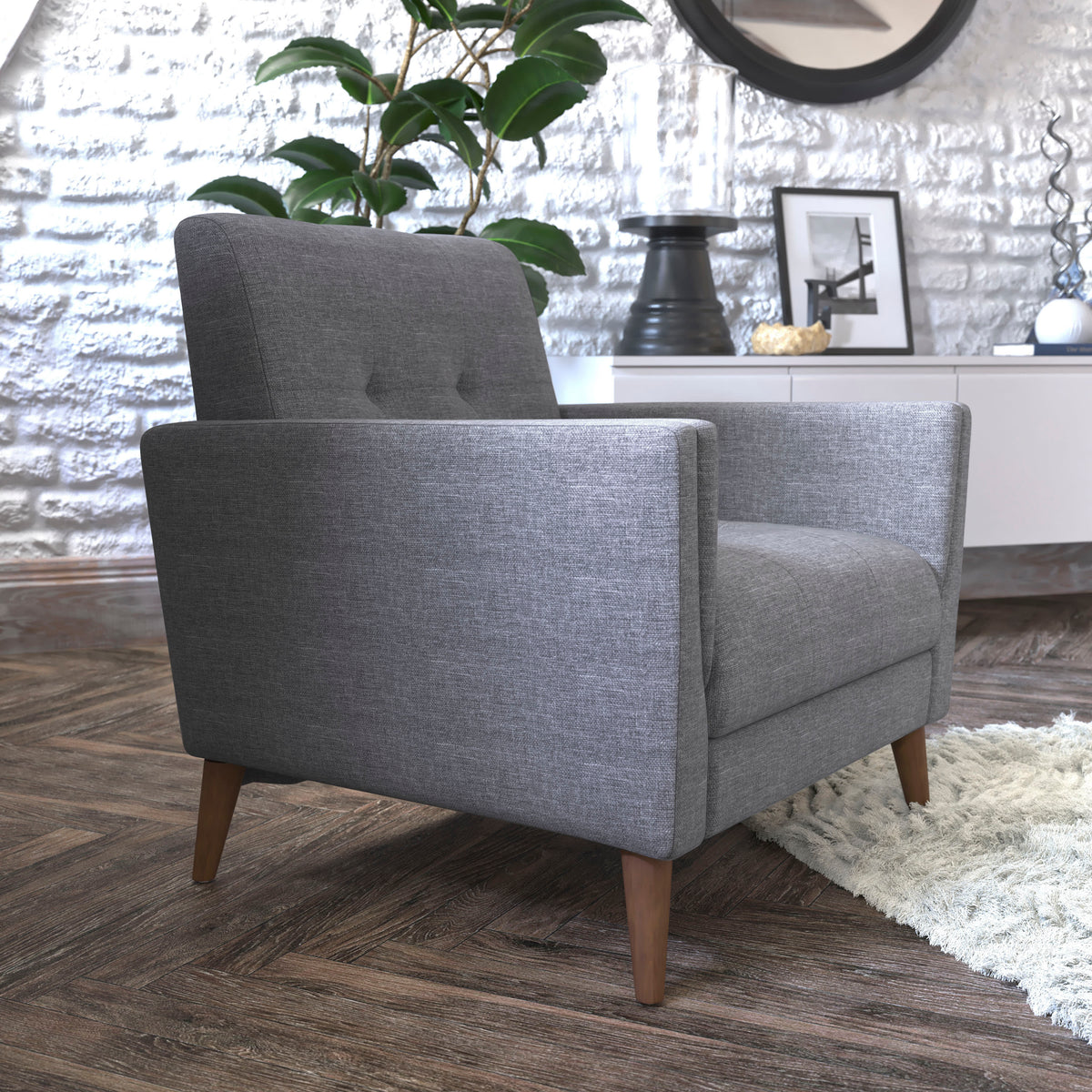 Slate Gray |#| Mid-Century Modern Slate Gray Faux Linen Upholstered Tufted Chair with Wood Legs