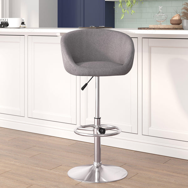 Gray Fabric |#| Gray Fabric Adjustable Height Barstool with Barrel Back and Chrome Base