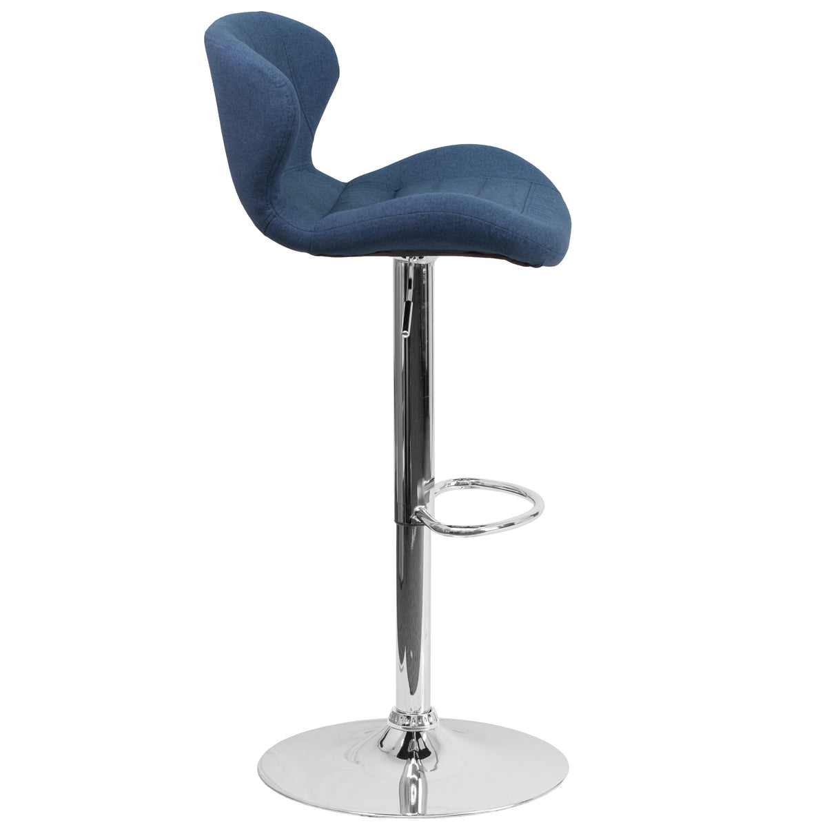 Blue Fabric |#| Contemporary Blue Fabric Adjustable Barstool with Curved Back & Chrome Base