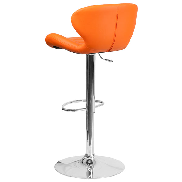 Orange Vinyl |#| Contemporary Orange Vinyl Adjustable Barstool with Curved Back & Chrome Base