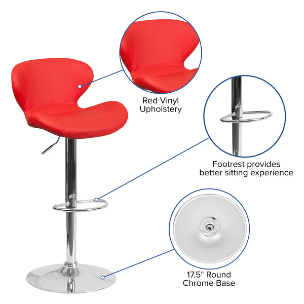 Red Vinyl |#| Contemporary Red Vinyl Adjustable Barstool with Curved Back & Chrome Base