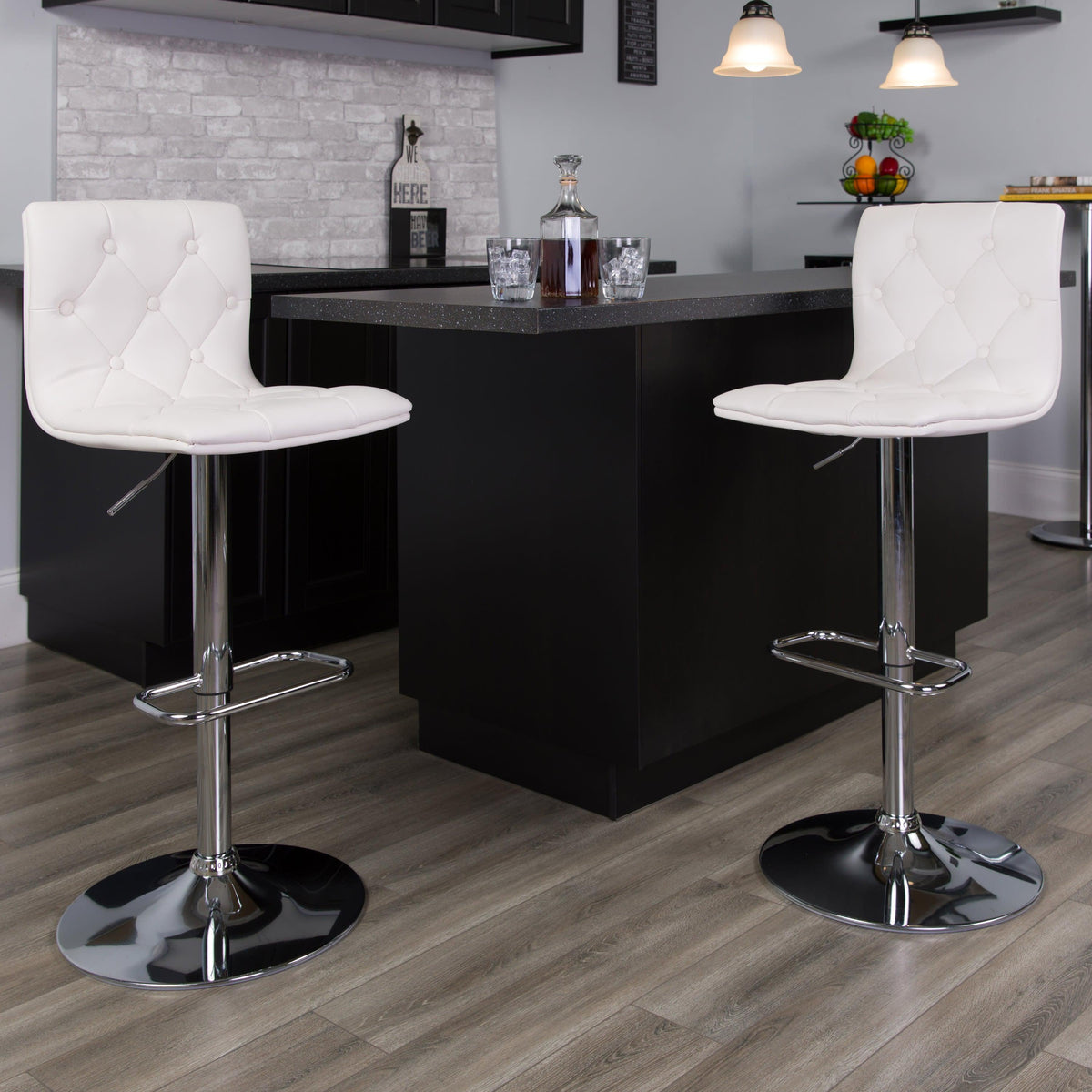 White |#| Contemporary Button Tufted White Vinyl Adjustable Barstool with Chrome Base