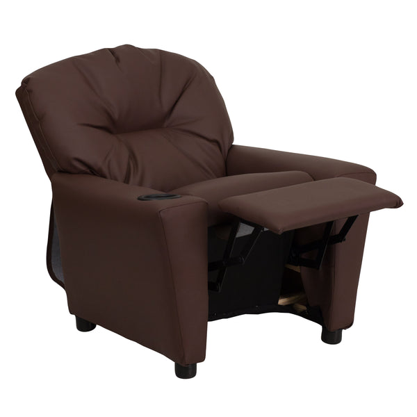 Black LeatherSoft |#| Contemporary Black LeatherSoft Kids Recliner with Cup Holder - Hardwood Frame