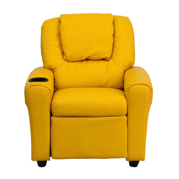 Yellow Vinyl |#| Contemporary Yellow Vinyl Kids Recliner with Cup Holder and Headrest