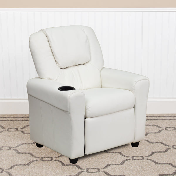 White Vinyl |#| Contemporary White Vinyl Kids Recliner with Cup Holder and Headrest