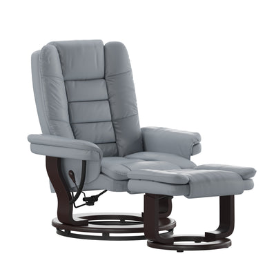 Contemporary LeatherSoft Recliner with Horizontal Stitching and Ottoman with Swiveling Mahogany Wood Base