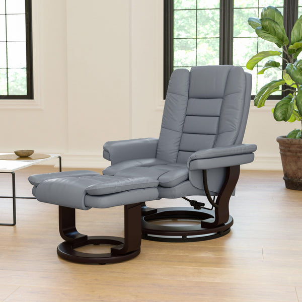 Gray |#| Gray LeatherSoft Multi-Position Recliner &Ottoman w/Swivel Mahogany Wood Base