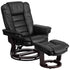 Contemporary LeatherSoft Recliner with Horizontal Stitching and Ottoman with Swiveling Mahogany Wood Base