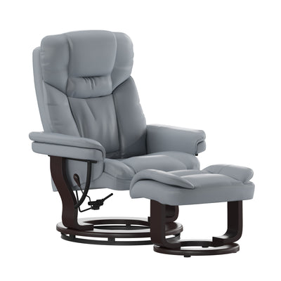 Contemporary Multi-Position Recliner and Curved Ottoman with Swivel Mahogany Wood Base - View 1
