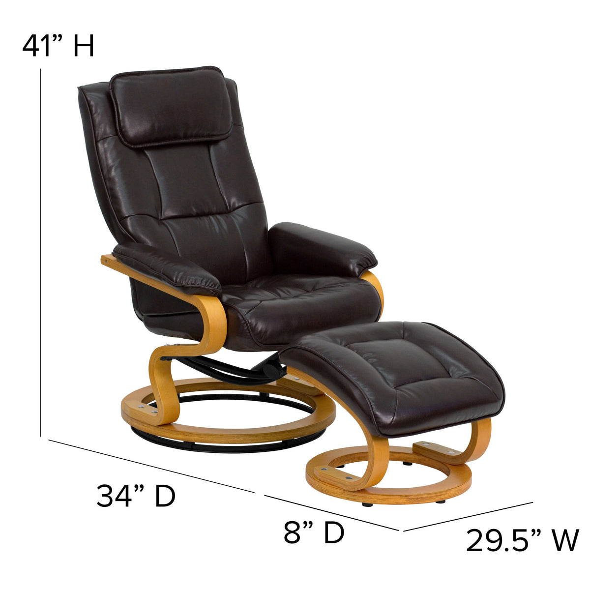Brown |#| Brown LeatherSoft Adjustable Swivel Recliner &Ottoman w/Maple Wood Base