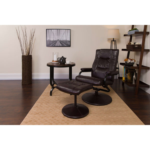 Brown |#| Contemporary Brown LeatherSoft Multi-Position Recliner &Ottoman w/ Wrapped Base