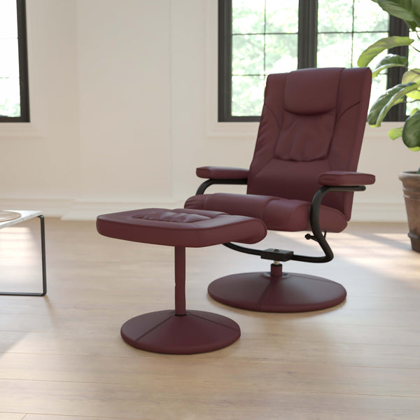 Burgundy |#| Burgundy LeatherSoft Multi-Position Recliner and Ottoman with Wrapped Base