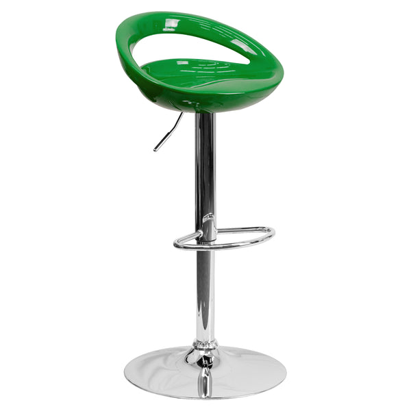 Green |#| Green Plastic Adjustable Height Barstool with Rounded Cutout Back & Chrome Base