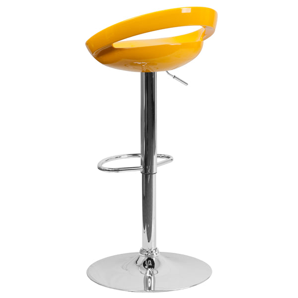 Yellow |#| Yellow Plastic Adjustable Height Barstool w/ Rounded Cutout Back & Chrome Base