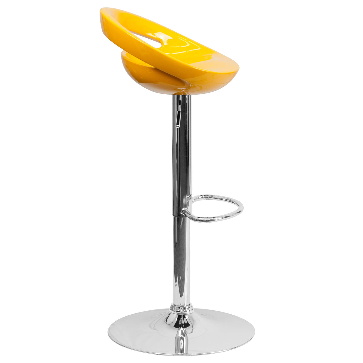 Yellow |#| Yellow Plastic Adjustable Height Barstool w/ Rounded Cutout Back & Chrome Base