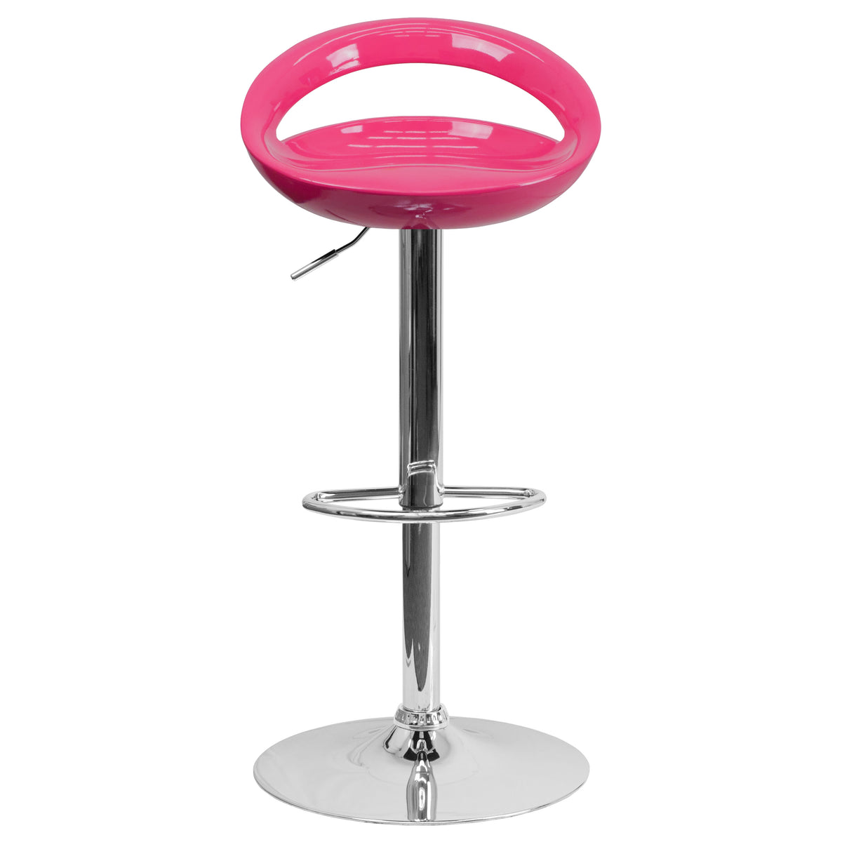 Pink |#| Pink Plastic Adjustable Height Barstool with Rounded Cutout Back & Chrome Base