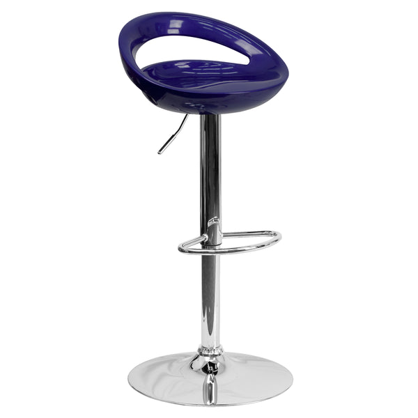 Blue |#| Blue Plastic Adjustable Height Barstool with Rounded Cutout Back & Chrome Base