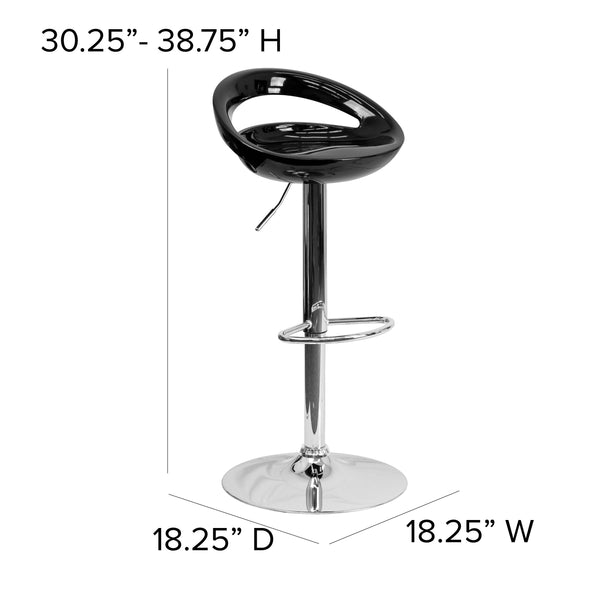 Black |#| Black Plastic Adjustable Height Barstool with Rounded Cutout Back & Chrome Base
