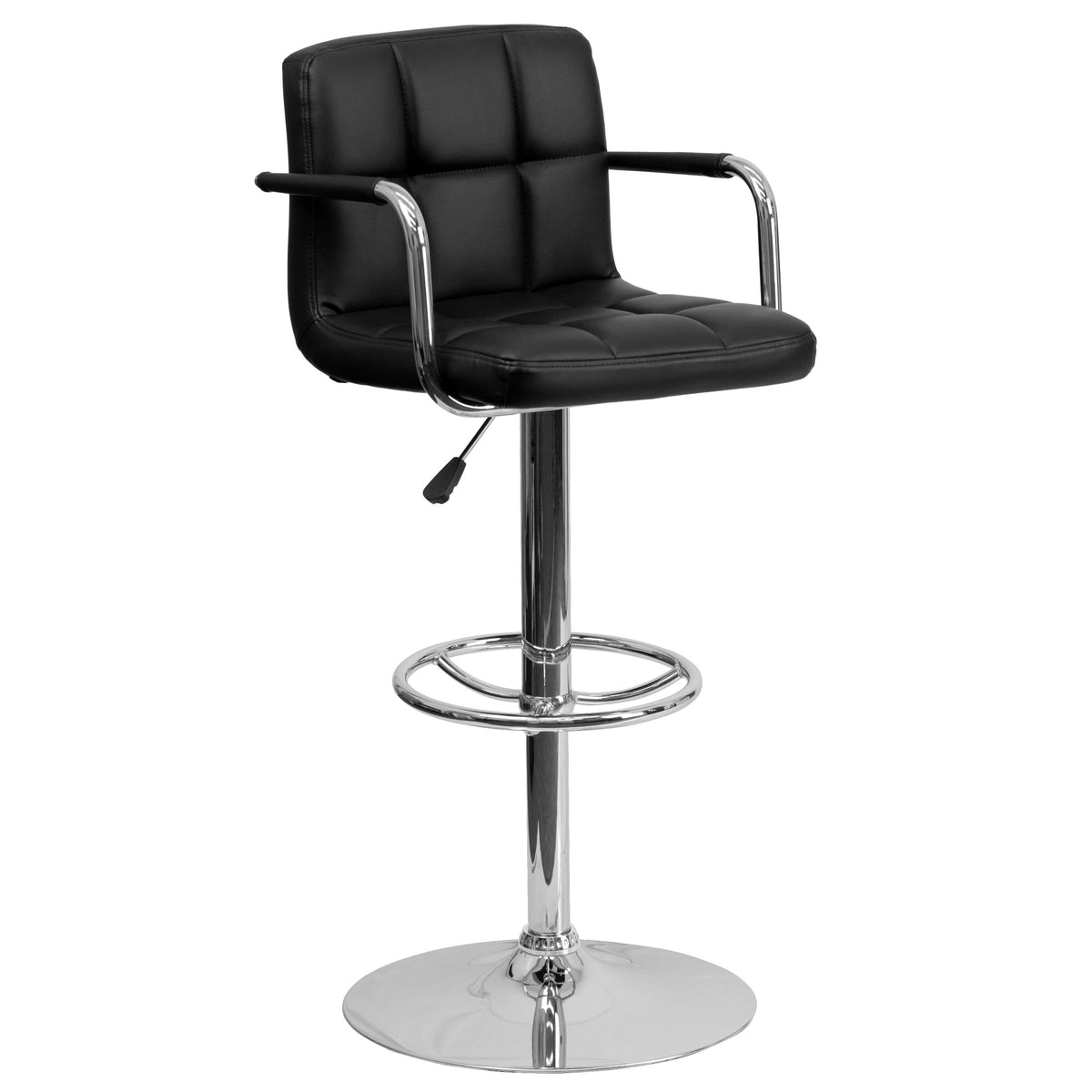 Black |#| Black Quilted Vinyl Adjustable Height Barstool with Arms and Chrome Base